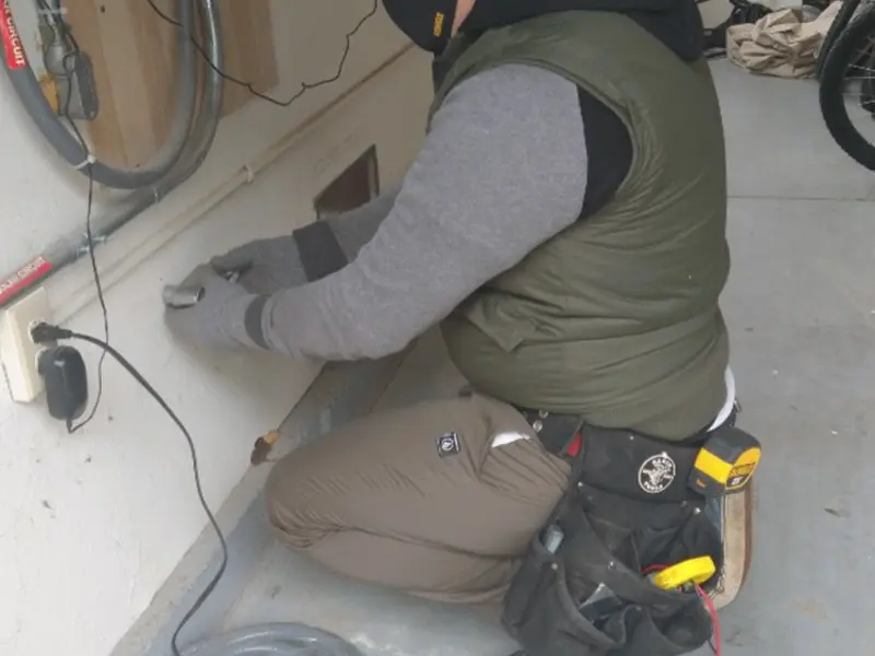 Electrician performing outlet wiring in a Jeannette garage